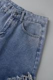 Blaue Street Solid Quaste Zerrissene Make Old Patchwork Denim Jeans mit hoher Taille