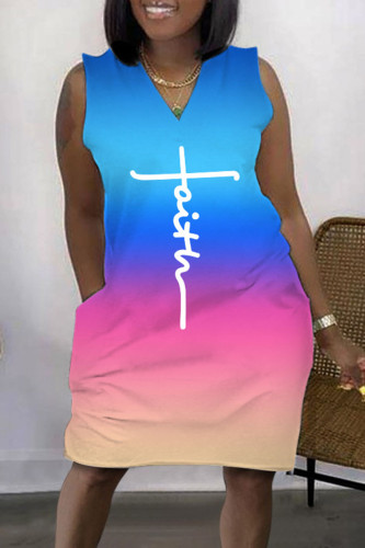 Powder Blue Casual Print Patchwork V Neck Straight Dresses