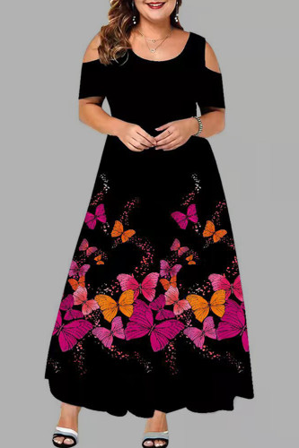 Red Casual Print Patchwork O Neck Short Sleeve Dress Plus Size Dresses