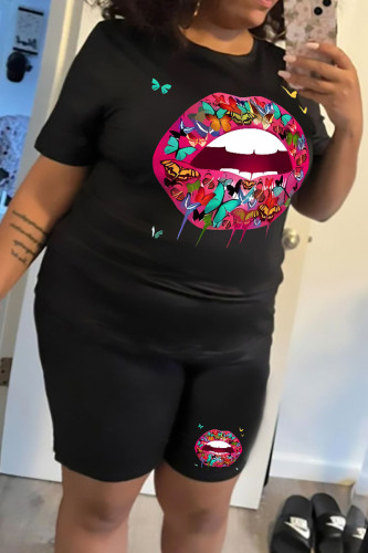 Noir Casual Street Print Patchwork O Neck Plus Size Two Pieces