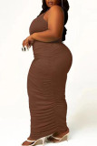 Dark Brown Sexy Solid Patchwork Spaghetti Strap One Step Skirt Plus Size Dresses