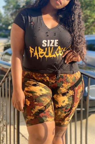 Black Brown Casual Street Print Ripped Patchwork V Neck Plus Size Two Pieces