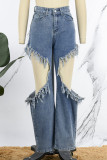 Рваные джинсовые джинсы с высокой талией из однотонной кисточки Blue Street Make Old в стиле пэчворк