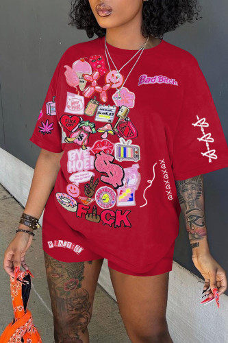 Red Casual Print Patchwork O Neck Short Sleeve Two Pieces