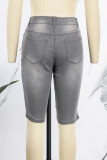Graue Street Solid Patchwork-Falten-Jeansshorts mit hoher Taille