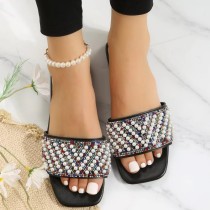 Schwarze, lässige, quadratische, bequeme Schuhe mit Patchwork-Perlen-Strasssteinen