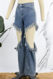 Blue Street Solid Tassel Ripped Make Old Patchwork Jeans Denim Taille Haute