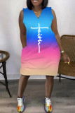 ブルーオレンジカジュアルプリントパッチワークVネックストレートドレス