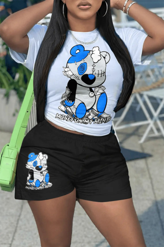 White Black Casual Print Patchwork O Neck Short Sleeve Two Pieces