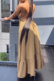 Хаки сексуальное повседневное сплошное бинтовое платье с открытой спиной и круглым вырезом длинное платье платья