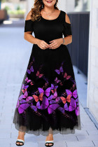 Фиолетовое повседневное платье в стиле пэчворк с круглым вырезом и коротким рукавом Платья больших размеров