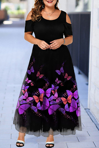 Purple Casual Print Patchwork O Neck Short Sleeve Dress Plus Size Dresses