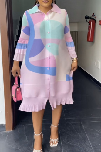 Pink Casual Elegant Print Patchwork Buckle Flounce Fold Turndown Collar Straight Dresses
