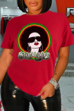 Camisetas con cuello en O de patchwork con estampado vintage casual rojo