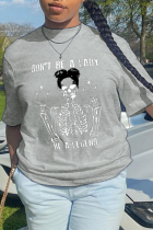 Grå Casual Street Print Skull Patchwork O-hals T-shirts