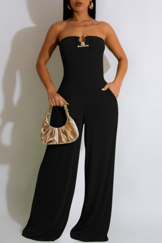 Black Sexy Casual Solid Backless Strapless Regular Jumpsuits