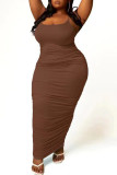 Dark Brown Sexy Solid Patchwork Spaghetti Strap One Step Skirt Plus Size Dresses