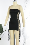 ブラック セクシー ソリッド バンデージ くり抜き パッチワーク ストラップレス ペンシル スカート ドレス
