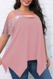Pink Casual Solid Hollowed Out Patchwork O Neck Plus Size Tops