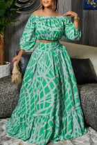 Green Casual Print Patchwork Off the Shoulder Half Sleeve Two Pieces