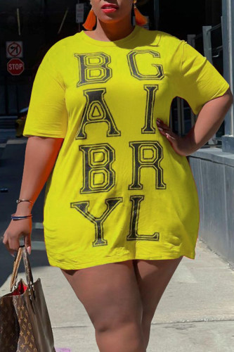 Yellow Casual Street Print Patchwork O Neck Straight Plus Size Dresses