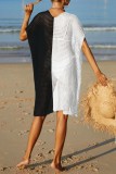 Türkisfarbener, sexy, ausgehöhlter, durchsichtiger Cardigan mit kontrastierendem Patchwork-Badeanzug