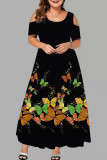Paarse casual print patchwork O-hals jurk met korte mouwen Grote maten jurken