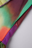 Color Casual Elegante Estampado Patchwork Volante Pliegue V Cuello Una línea Vestidos (sin cinturón)