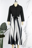 Schwarze, lässige, elegante Print-Patchwork-Schnalle mit Turndown-Kragen A-Linien-Kleider