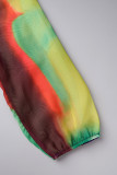 Colour Casual Elegant Print Patchwork Flounce Fold V Neck A Line Dresses(Without Belt)