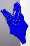Roupa de banho sem costas em patchwork sólido azul sexy (com enchimentos)