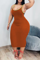 Tangerine Red Sexy Casual Striped Patchwork U Neck Sling Dress Robes