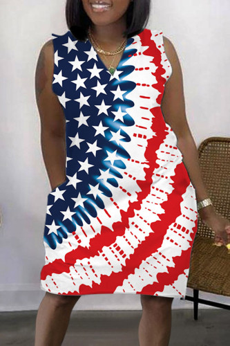 Red Casual Street Print Patchwork V Neck Straight Dresses