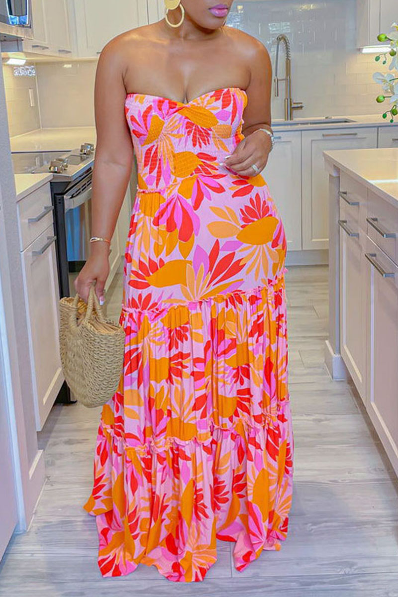 

Orange Yellow Vacation Print Patchwork Strapless Straight Dresses