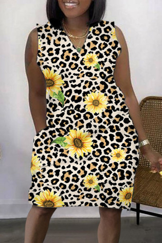Yellow Brown Casual Street Print Patchwork V Neck Straight Dresses