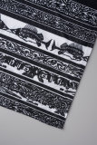 Schwarz Sexy Print Patchwork durchsichtiger O-Ausschnitt ärmellose Zweiteiler