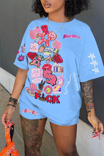Sky Blue Casual Print Patchwork O Neck Short Sleeve Two Pieces