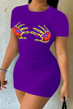 Фиолетовые сексуальные повседневные платья в стиле пэчворк с круглым вырезом