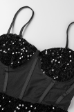 Schwarze, sexy Patchwork-Pailletten mit hoher Öffnung und Spaghettiträgern, Trompeten-Meerjungfrauenkleider