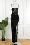 黒のセクシーなパッチワーク スパンコール高い開口部スパゲッティ ストラップ トランペット マーメイド ドレス
