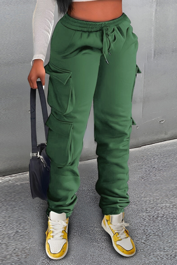 Green Street Solid Draw String Harlan Pantalones rectos de cintura alta de color sólido