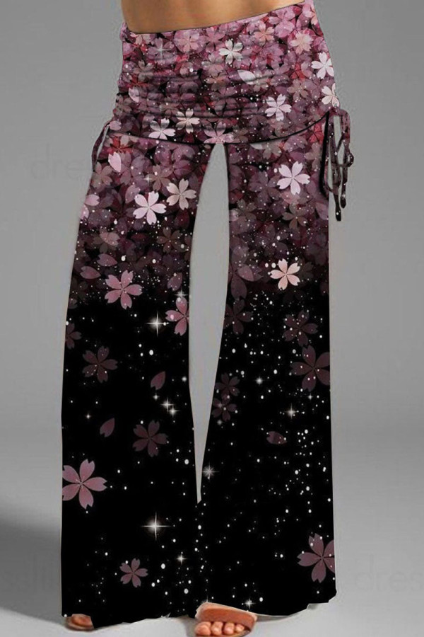 Pantaloni con stampa di posizionamento delle gambe larghe a vita alta patchwork con stampa stradale nera viola