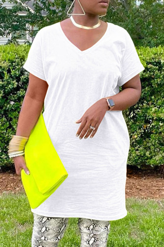 White Casual Solid Basic V Neck Short Sleeve Dress