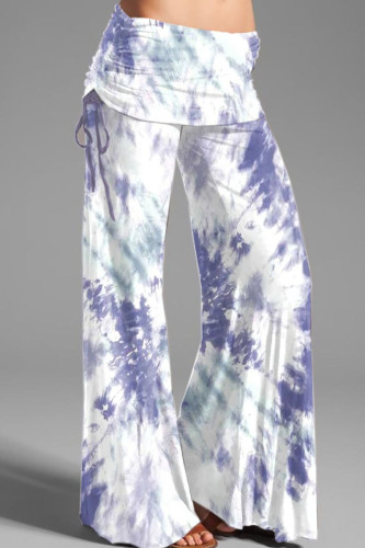 Blue White Street Print Patchwork High Waist Wide Leg Positioning Print Bottoms