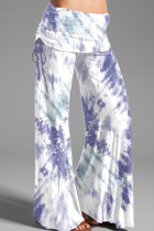 Blau-weiße Street-Print-Patchwork-Unterteile mit hoher Taille und weitem Bein