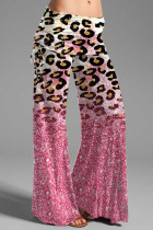 Pantalon décontracté rose à imprimé patchwork avec cordon de serrage taille haute et jambes larges