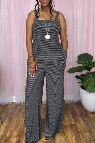 Black Sexy Casual Striped Print Backless Spaghetti Strap Regular Jumpsuits