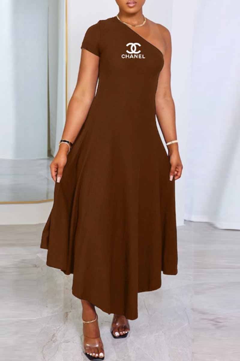 

Brown Casual Print Letter One Shoulder Irregular Dress Dresses