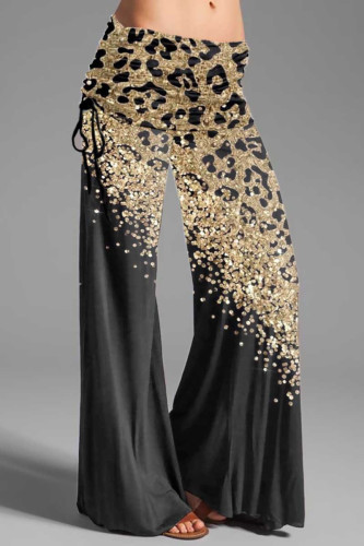 Black Gold Casual Street Print Patchwork Draw String High Waist Wide Leg Positioning Print Bottoms