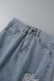 Faldas de mezclilla flacas de cintura alta con abertura rasgada de borla sólida informal azul